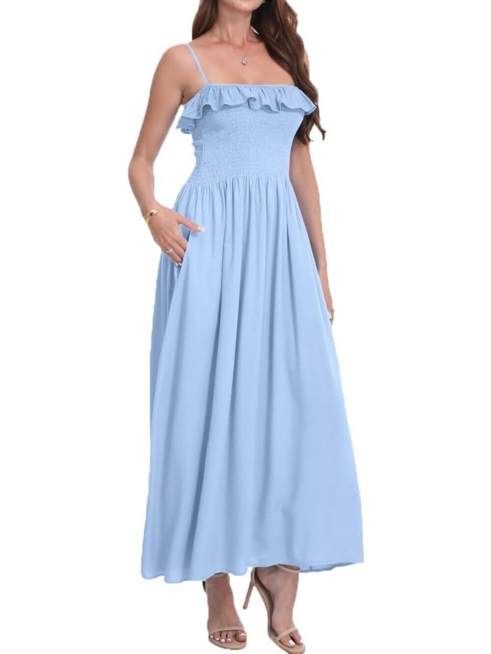 Women's Light Blue Sleeveless Spaghetti Strap Smocked Beach Boho Maxi Dress